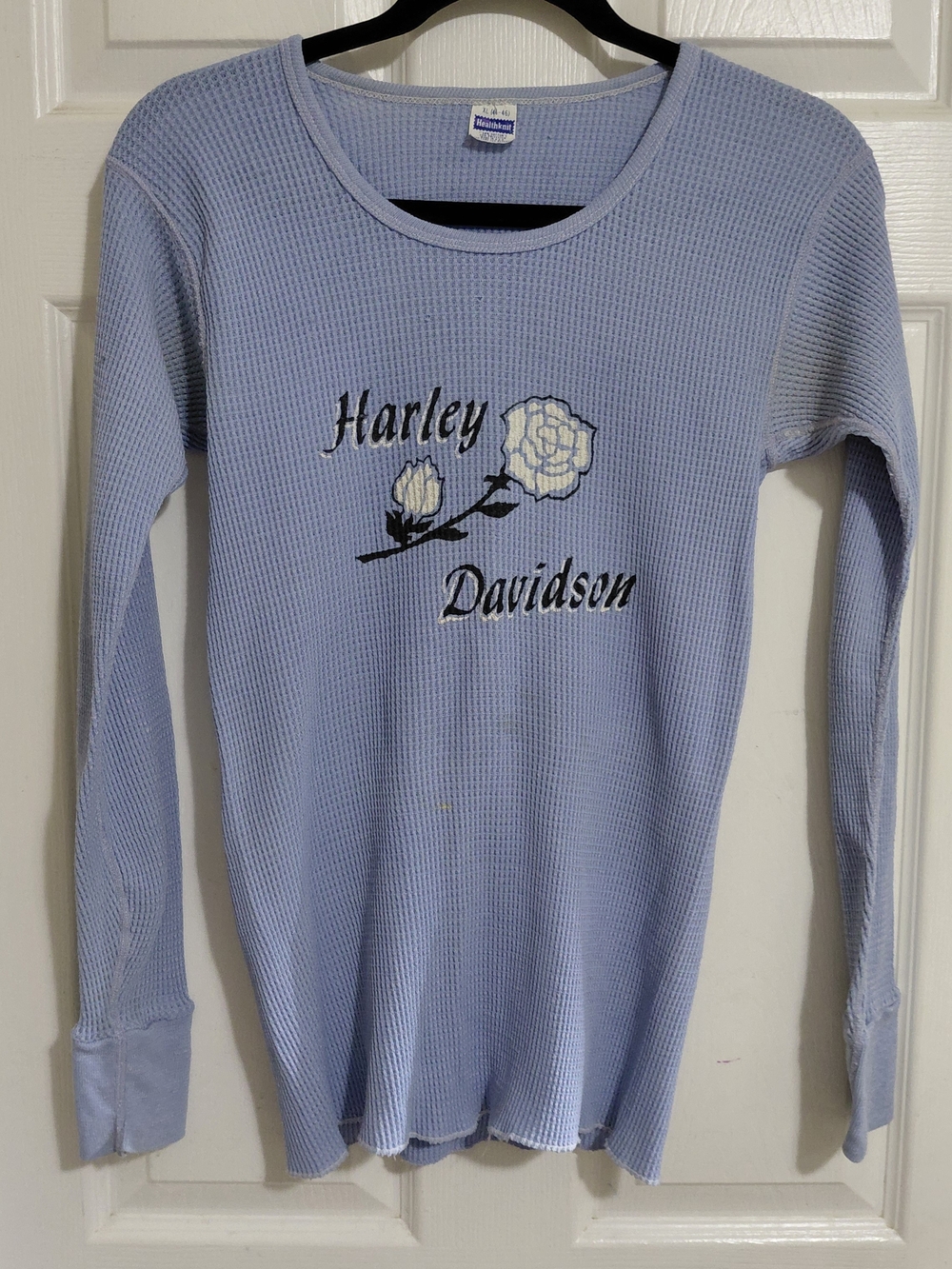 Vintage 80s Kegel Harley-Davidson Rockford IL Rose Light Blue L/S Crew Thermal